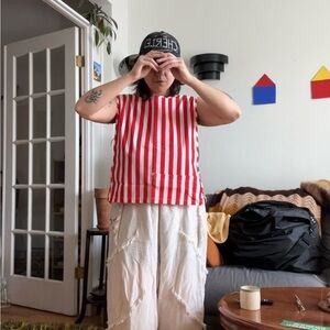 Vintage Red & White Striped Asymmetrical Tie-Side Top